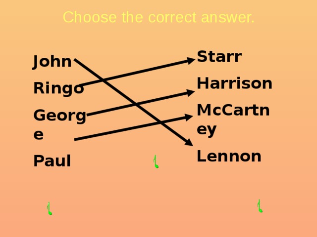 Choose the correct answer. Starr Harrison McCartney Lennon John Ringo George Paul 