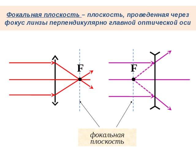 Фокальная плоскость – плоскость, проведенная через фокус линзы перпендикулярно главной оптической оси F F фокальная плоскость 