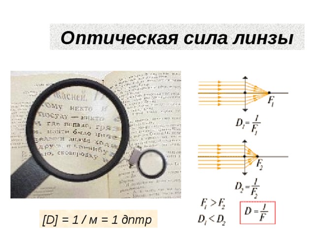 Оптическая сила линзы [D] = 1 / м = 1 дптр 