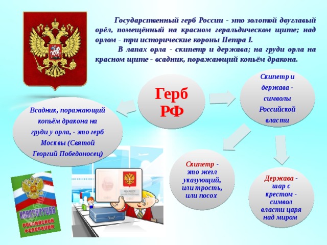  Государственный герб России - это золотой двуглавый орёл, помещённый на красном геральдическом щите; над орлом - три исторические короны Петра I.  В лапах орла - скипетр и держава; на груди орла на красном щите - всадник, поражающий копьём дракона. Скипетр и держава - символы Российской власти Герб РФ Всадник, поражающий копьём дракона на груди у орла, - это герб Москвы (Святой Георгий Победоносец) Скипетр - это жезл указующий, или трость, или посох Держава - шар с крестом - символ власти царя над миром  