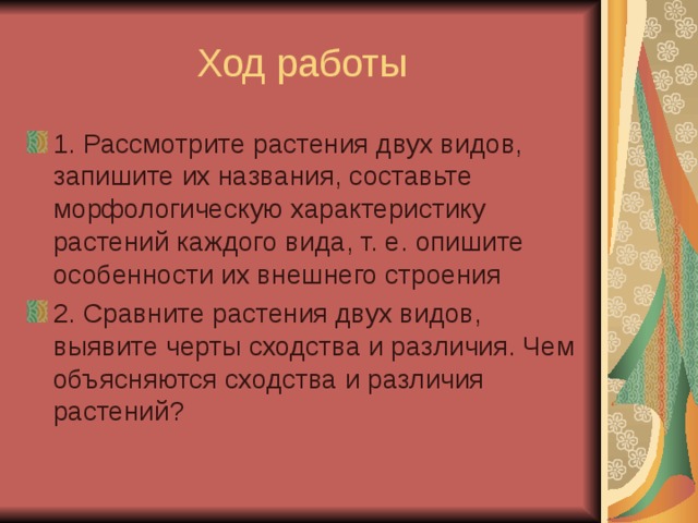 1. Рассмотрите растения двух видов, запишите их названия, составьте морфологическую характеристику растений каждого вида, т. е. опишите особенности их внешнего строения 2. Сравните растения двух видов, выявите черты сходства и различия. Чем объясняются сходства и различия растений? 