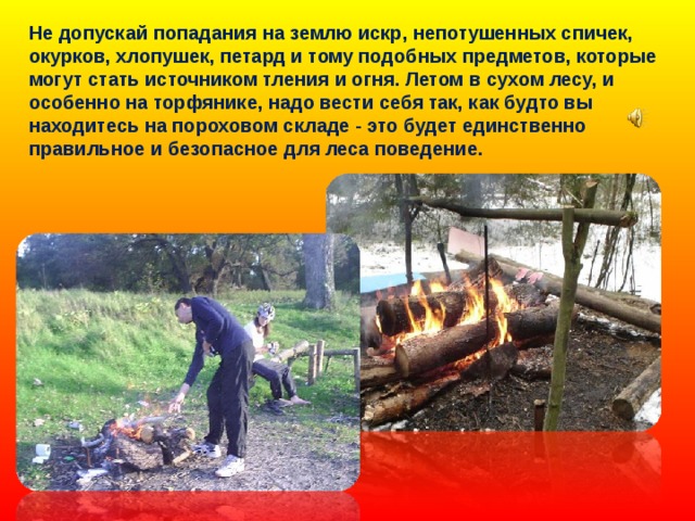 Не допускай попадания на землю искр, непотушенных спичек, окурков, хлопушек, петард и тому подобных предметов, которые могут стать источником тления и огня. Летом в сухом лесу, и особенно на торфянике, надо вести себя так, как будто вы находитесь на пороховом складе - это будет единственно правильное и безопасное для леса поведение. 