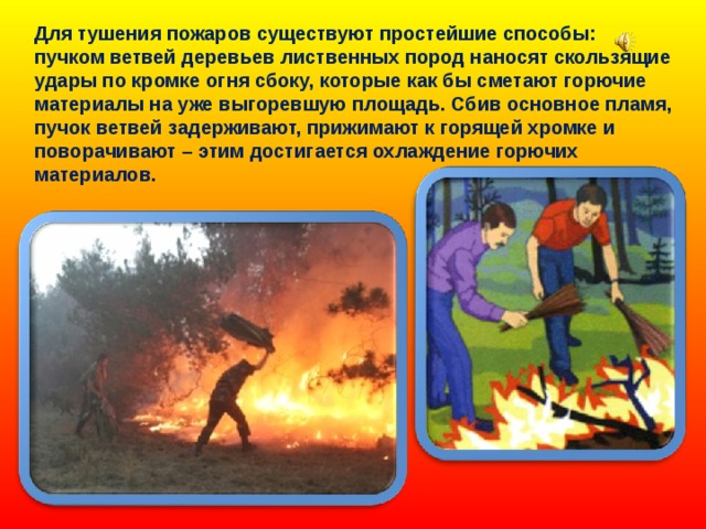 Для тушения пожаров существуют простейшие способы: пучком ветвей деревьев лиственных пород наносят скользящие удары по кромке огня сбоку, которые как бы сметают горючие материалы на уже выгоревшую площадь. Сбив основное пламя, пучок ветвей задерживают, прижимают к горящей хромке и поворачивают – этим достигается охлаждение горючих материалов. 