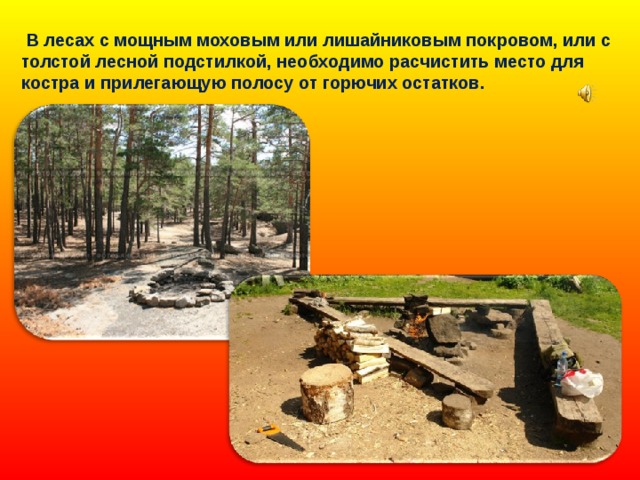  В лесах с мощным моховым или лишайниковым покровом, или с толстой лесной подстилкой, необходимо расчистить место для костра и прилегающую полосу от горючих остатков. 