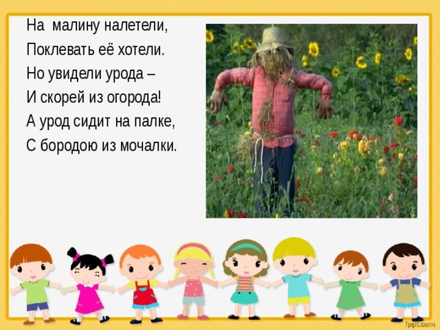 На малину налетели, Поклевать её хотели. Но увидели урода – И скорей из огорода! А урод сидит на палке, С бородою из мочалки. 