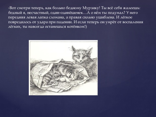 -Вот смотри теперь, как больно бедному Мурзику! Ты всё себя жалеешь: бедный я, несчастный, один-одинёшенек…А о нём ты подумал? У него передняя левая лапка сломана, а правая сильно ушиблена. И лёгкое повредилось от удара при падении. И если теперь он умрёт от воспаления лёгких, ты навсегда останешься котёнком!) 