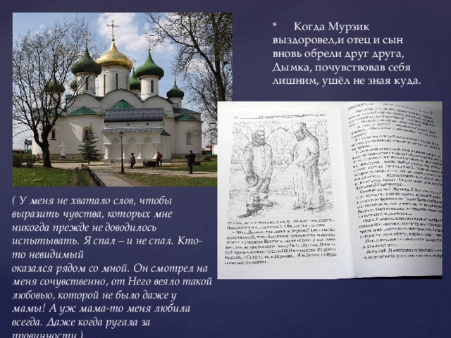 * Когда Мурзик выздоровел,и отец и сын вновь обрели друг друга, Дымка, почувствовав себя лишним, ушёл не зная куда. ( У меня не хватало слов, чтобы выразить чувства, которых мне никогда прежде не доводилось испытывать. Я спал – и не спал. Кто-то невидимый оказался рядом со мной. Он смотрел на меня сочувственно, от Него веяло такой любовью, которой не было даже у мамы! А уж мама-то меня любила всегда. Даже когда ругала за провинности.) 