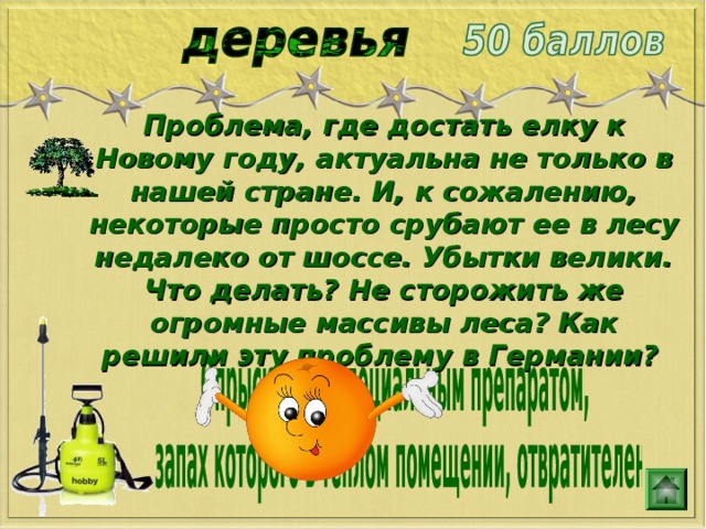 Проблема, где достать елку к Новому году, актуальна не только в нашей стране. И, к сожалению, некоторые просто срубают ее в лесу недалеко от шоссе. Убытки велики. Что делать? Не сторожить же огромные массивы леса? Как решили эту проблему в Германии?  http://www.nmedik.ru/sredstva/travnik/15.html http://www.nmedik.ru/images/stories/travnik/quercus_robur1.jpg 