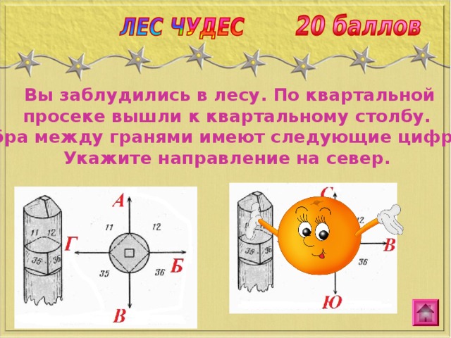   Вы заблудились в лесу. По квартальной просеке вышли к квартальному столбу. Ребра между гранями имеют следующие цифры… Укажите направление на север. 