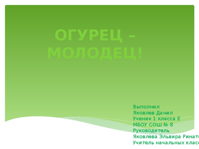 Огурец – молодец! Выполнил Яковлев Данил Ученик 1 класса Е МБОУ СОШ № 8 Руководитель Яковлева Эльвира Ринатовна Учитель начальных классов 