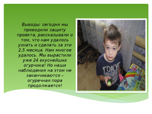 Выводы: сегодня мы проводили защиту проекта, рассказывали о том, что нам удалось узнать и сделать за эти 2,5 месяца. Нам многое удалось. Мы вырастили уже 24 вкуснейших огурчика! Но наши наблюдения на этом не заканчиваются – огуречная пора продолжается! 