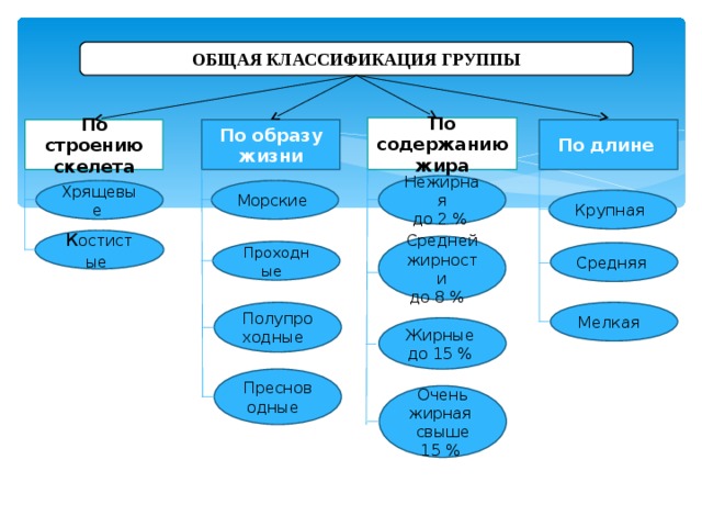          ОБЩАЯ КЛАССИФИКАЦИЯ ГРУППЫ По содержанию жира По длине По строению скелета По образу жизни Нежирная до 2 % Морские  Хрящевые  Крупная  остистые  Средней жирности до 8 % Проходные  Средняя  Полупроходные  Мелкая  Жирные до 15 % Пресноводные  Очень жирная свыше 15 % 