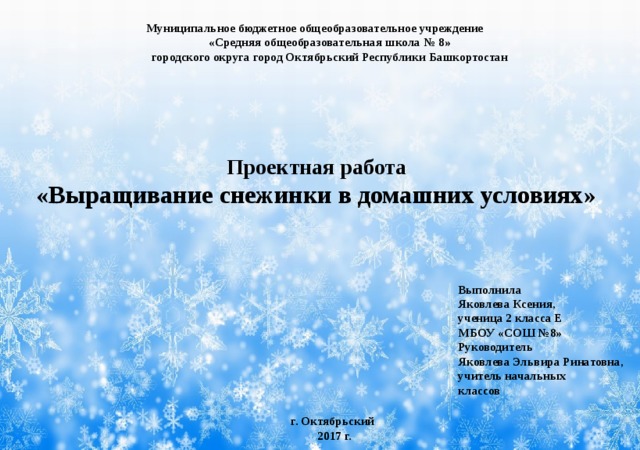 Муниципальное бюджетное общеобразовательное учреждение «Средняя общеобразовательная школа № 8» городского округа город Октябрьский Республики Башкортостан Проектная работа «Выращивание снежинки в домашних условиях» Выполнила Яковлева Ксения, ученица 2 класса Е МБОУ «СОШ №8» Руководитель Яковлева Эльвира Ринатовна, учитель начальных классов    г. Октябрьский 2017 г. 
