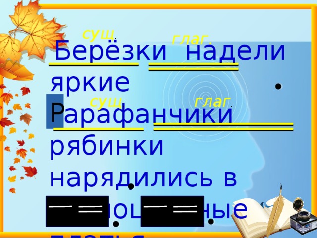 сущ . глаг.  Берёзки надели яркие сарафанчики рябинки нарядились в разноцветные платья глаг . сущ . Р 