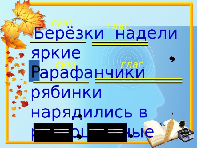 сущ . глаг.  Берёзки надели яркие сарафанчики рябинки нарядились в разноцветные платья глаг . сущ . Р 
