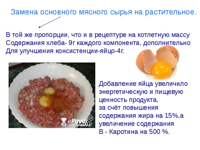 Замена основного мясного сырья на растительное. В той же пропорции, что и в рецептуре на котлетную массу Содержания хлеба- 9г каждого компонента, дополнительно Для улучшения консистенции-яйцо-4г. Добавление яйца увеличило энергетическую и пищевую ценность продукта, за счёт повышения содержания жира на 15%,а увеличение содержания B - Каротина на 500 %. 