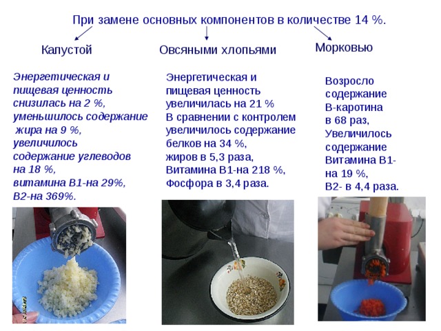 При замене основных компонентов в количестве 14 %. Морковью  Капустой Овсяными хлопьями Энергетическая и пищевая ценность снизилась на 2 %, уменьшилось содержание  жира на 9 %, увеличилось содержание углеводов на 18 %, витамина В1-на 29%, В2-на 369%. Энергетическая и пищевая ценность увеличилась на 21 % В сравнении с контролем увеличилось содержание белков на 34 %, жиров в 5,3 раза, Витамина В1-на 218 %, Фосфора в 3,4 раза. Возросло содержание В-каротина в 68 раз, Увеличилось содержание Витамина В1- на 19 %, В2- в 4,4 раза. 
