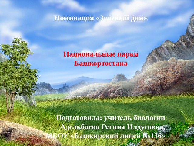 Номинация «Зеленый дом» Национальные парки Башкортостана Подготовила: учитель биологии Адельбаева Регина Илдусовна, МБОУ «Башкирский лицей №136» 