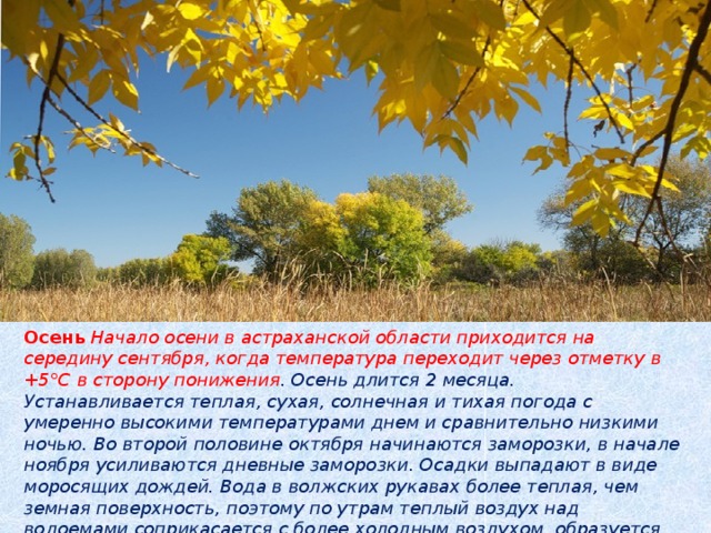 Осень  Начало осени в астраханской области приходится на середину сентября, когда температура переходит через отметку в +5°С в сторону понижения . Осень длится 2 месяца. Устанавливается теплая, сухая, солнечная и тихая погода с умеренно высокими температурами днем и сравнительно низкими ночью. Во второй половине октября начинаются заморозки, в начале ноября усиливаются дневные заморозки. Осадки выпадают в виде моросящих дождей. Вода в волжских рукавах более теплая, чем земная поверхность, поэтому по утрам теплый воздух над водоемами соприкасается с более холодным воздухом, образуется туман. Все чаще моросит дождь. Во второй половине ноября в свои права вступает зима.   