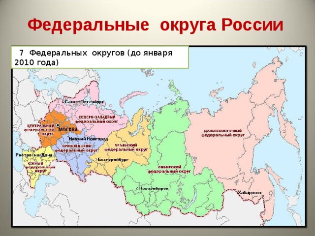 Федеральные округа России  7 Федеральных округов (до января 2010 года)  