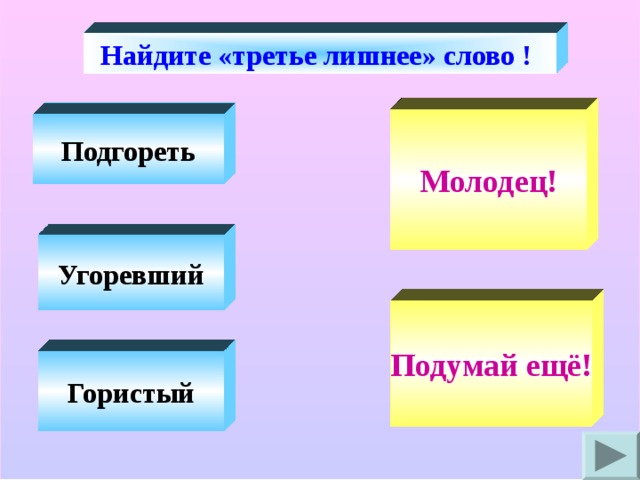 Найдите «третье лишнее» слово ! Молодец! Подгореть Угоревший Подумай ещё! Гористый 