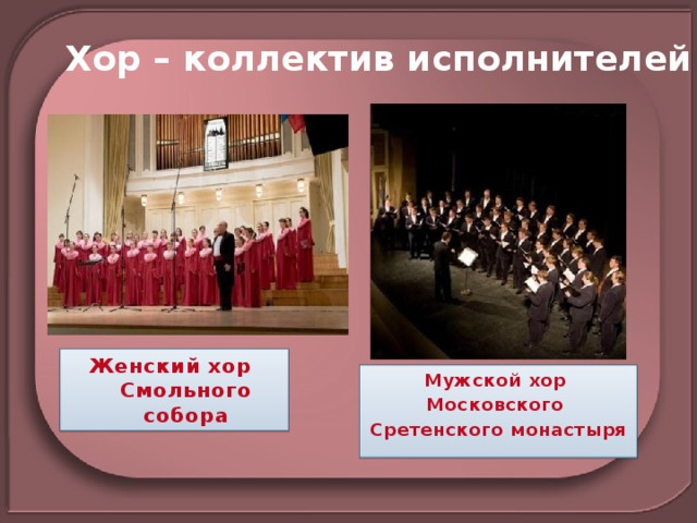 Хор – коллектив исполнителей Женский хор Смольного собора Мужской хор Московского Сретенского монастыря 
