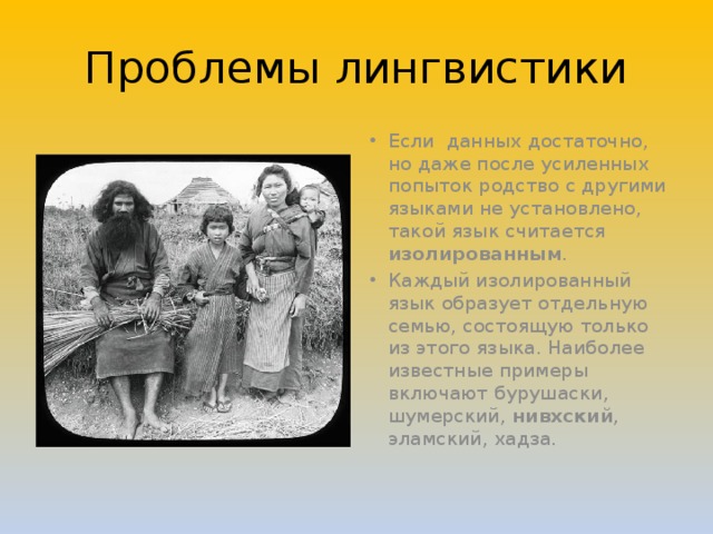 Проблемы лингвистики Если данных достаточно, но даже после усиленных попыток родство с другими языками не установлено, такой язык считается изолированным . Каждый изолированный язык образует отдельную семью, состоящую только из этого языка. Наиболее известные примеры включают бурушаски, шумерский, нивхский , эламский, хадза. 