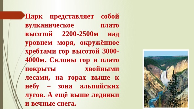 Парк представляет собой вулканическое плато высотой 2200-2500м над уровнем моря, окружённое хребтами гор высотой 3000-4000м. Склоны гор и плато покрыты хвойными лесами, на горах выше к небу – зона альпийских лугов. А ещё выше ледники и вечные снега. 