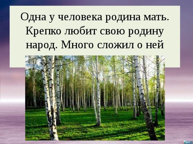 Одна у человека родина мать. Крепко любит свою родину народ. Много сложил о ней пословиц и поговорок: 