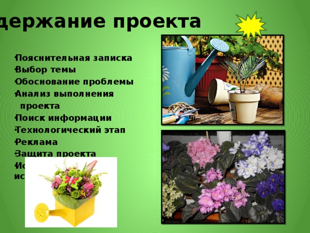 Содержание проекта     Пояснительная записка Выбор темы Обоснование проблемы Анализ выполнения  проекта Поиск информации Технологический этап Реклама Защита проекта Использованные источники     