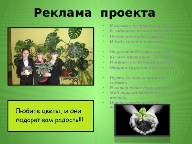 Реклама проекта  Я посажу в горшок росток В ладошках нежно отогрею Полью его водой с ручья И буду холить и лелеять  Он развернёт свои листки Ко мне протянет удивлённо И ярким солнечным цветком Одарит скучный подоконник  Пусть за окном кружит снежок И ветер снова душу студит Мой первый комнатный цветок Цвети всегда на радость людям! 