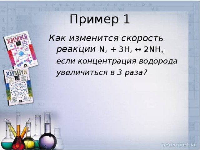 Пример 1 Как изменится скорость реакции N 2  + 3H 2  ↔ 2NH 3, если концентрация водорода увеличиться в 3 раза? 
