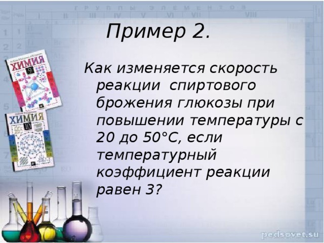 Пример 2. Как изменяется скорость реакции спиртового брожения глюкозы при повышении температуры с 20 до 50°С, если температурный коэффициент реакции равен 3?  