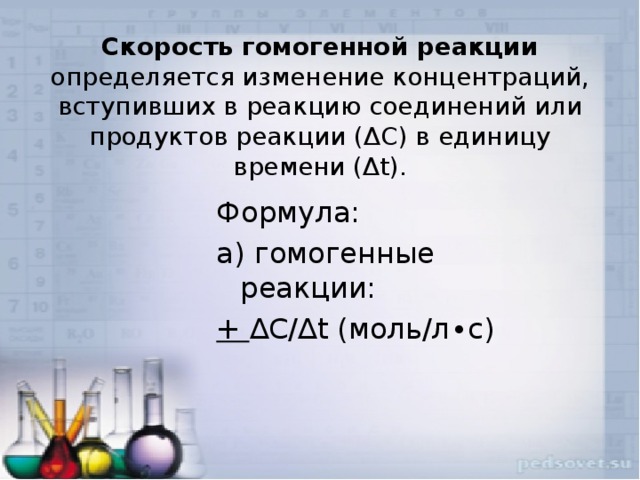 Скорость гомогенной реакции определяется изменение концентраций, вступивших в реакцию соединений или продуктов реакции (ΔС) в единицу времени (Δt). Формула: а) гомогенные реакции: + ∆C/∆t (моль/л∙с) 