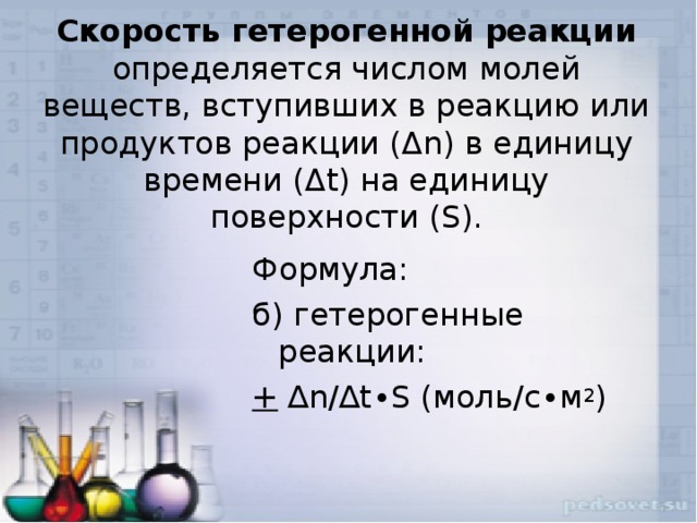 Скорость гетерогенной реакции определяется числом молей веществ, вступивших в реакцию или продуктов реакции (Δ n ) в единицу времени (Δt) на единицу поверхности ( S ). Формула: б) гетерогенные реакции: + ∆n/∆t∙S (моль/с∙м 2 ) 