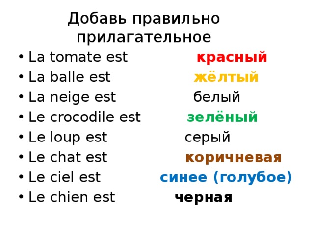 Добавь правильно прилагательное La tomate est красный La balle est жёлтый La neige est белый Le crocodile est зелёный Le loup est серый Le chat est коричневая Le ciel est синее (голубое) Le chien est черная 