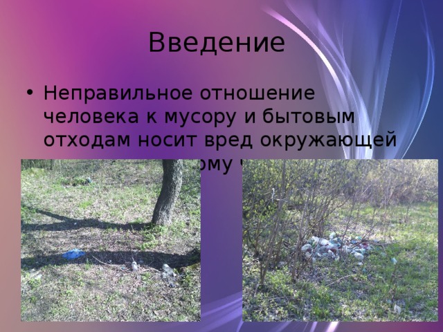 Введение Неправильное отношение человека к мусору и бытовым отходам носит вред окружающей природе и самому человеку. 