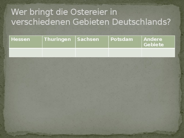 Wer bringt die Ostereier in verschiedenen Gebieten Deutschlands? Hessen Thuringen Sachsen Potsdam Andere Gebiete 