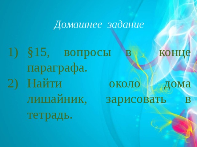 Домашнее задание  §15, вопросы в конце параграфа. Найти около дома лишайник, зарисовать в тетрадь.  