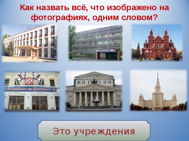 Как назвать всё, что изображено на фотографиях, одним словом? Это учреждения 