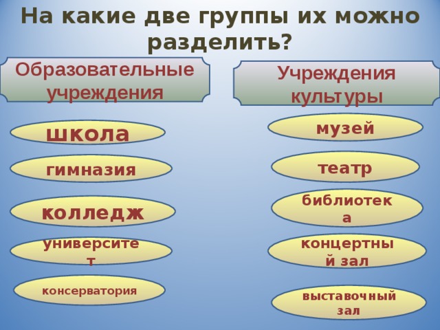 На какие две группы их можно разделить? Образовательные учреждения Учреждения культуры музей школа театр гимназия библиотека колледж концертный зал университет консерватория выставочный зал 