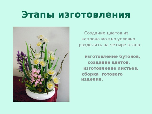 Этапы изготовления  Создание цветов из  капрона можно условно разделить на четыре этапа:   изготовление бутонов,  создание цветов,  изготовление листьев,  сборка готового изделия.       