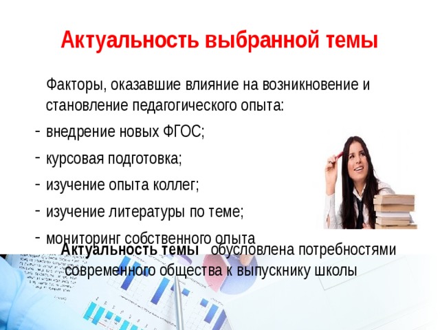 Актуальность выбранной темы  Факторы, оказавшие влияние на возникновение и становление педагогического опыта: внедрение новых ФГОС; курсовая подготовка; изучение опыта коллег; изучение литературы по теме; мониторинг собственного опыта  Актуальность темы обусловлена потребностями современного общества к выпускнику школы 