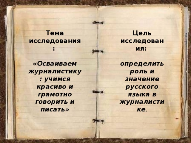 Тема исследования:  Цель исследования:  «Осваиваем журналистику: учимся красиво и грамотно говорить и писать» определить роль и значение русского языка в журналистике . 