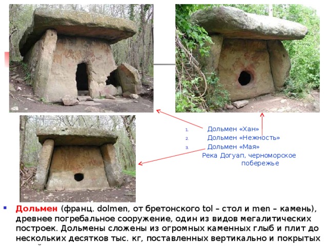 Дольмен «Хан» Дольмен «Нежность» Дольмен «Мая» Река Догуап, черноморское побережье Дольмен  (франц. dolmen, от бретонского tol – стол и men – камень), древнее погребальное сооружение, один из видов мегалитических построек. Дольмены сложены из огромных каменных глыб и плит до нескольких десятков тыс. кг, поставленных вертикально и покрытых одной или несколькими плитами сверху. 
