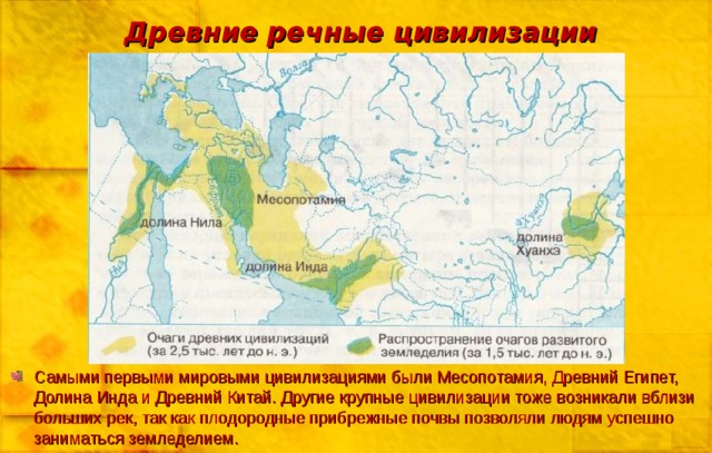 Древние речные цивилизации Самыми первыми мировыми цивилизациями были Месопотамия, Древний Египет, Долина Инда и Древний Китай. Другие крупные цивилизации тоже возникали вблизи больших рек, так как плодородные прибрежные почвы позволяли людям успешно заниматься земледелием. 