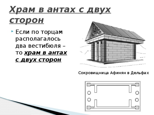 Храм в антах с двух сторон Если по торцам располагалось два вестибюля – то храм в антах с двух сторон Сокровищница Афинян в Дельфах 