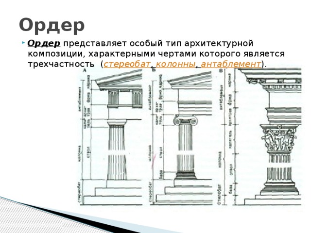 Ордер Ордер представляет особый тип архитектурной композиции, характерными чертами которого является трехчастность ( стереобат , колонны , антаблемент ). 