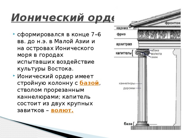 Ионический ордер  сформировался в конце 7–6 вв. до н.э. в Малой Азии и на островах Ионического моря в городах испытавших воздействие культуры Востока. Ионический ордер имеет стройную колонну с базой , стволом прорезанным каннелюрами; капитель состоит из двух крупных завитков – волют. 