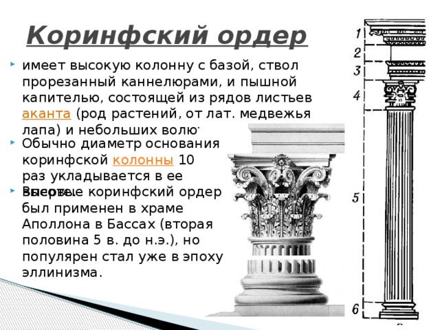 Коринфский ордер  имеет высокую колонну с базой, ствол прорезанный каннелюрами, и пышной капителью, состоящей из рядов листьев аканта  (род растений, от лат. медвежья лапа) и небольших волют. Обычно диаметр основания коринфской  колонны  10 раз укладывается в ее высоте. Впервые коринфский ордер был применен в храме Аполлона в Бассах (вторая половина 5 в. до н.э.), но популярен стал уже в эпоху эллинизма. 
